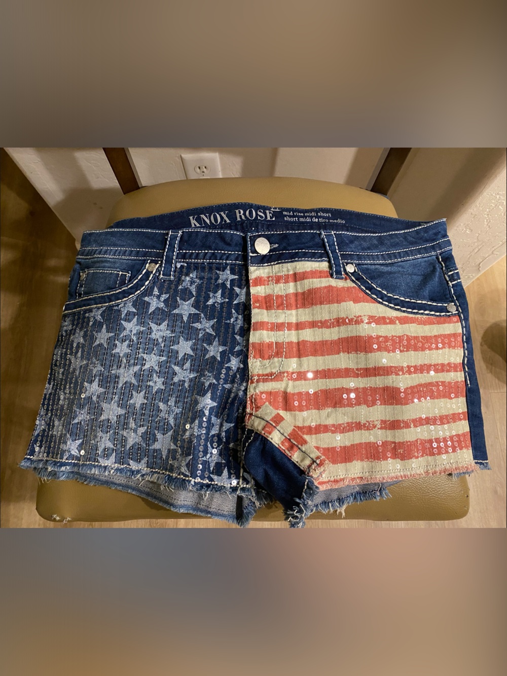 Knox Rose Women's Denim Shorts with American Flag Sequin Design - Blue & Red